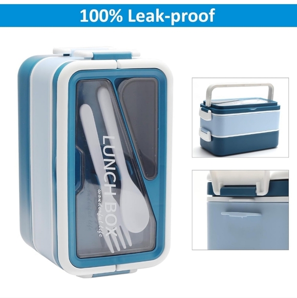 Stackable Lunch Box 1600ml 2 Layer Reusable Bento Box with Spoon & Fork - Picture 6 of 7